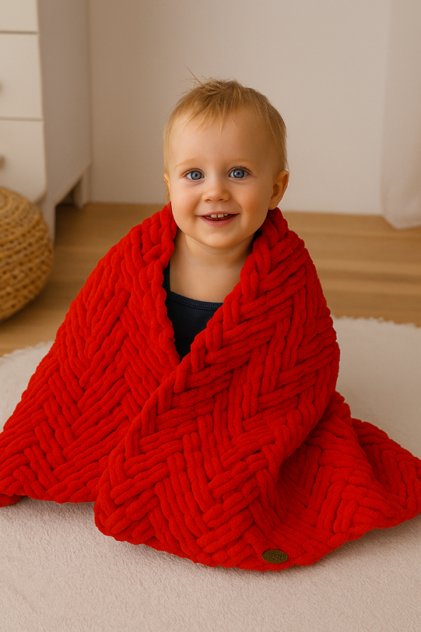 Red Hand-Knitted Baby Blanket – Soft Velvet & Hypoallergenic | ERFUMADE