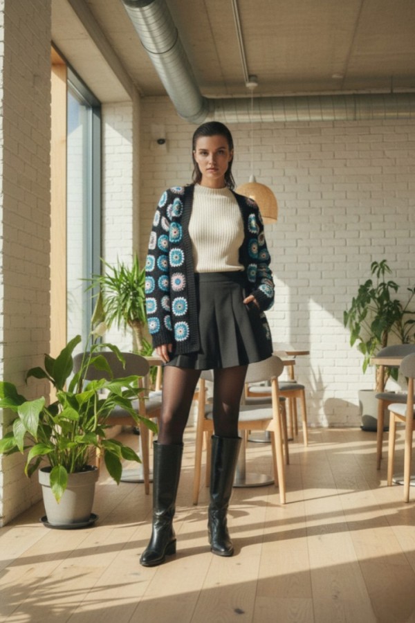 Granny Square Häkel-Cardigan – Handgemachter Patchwork-Boho-Pullover | Retro 70s Buntes Strickjacke