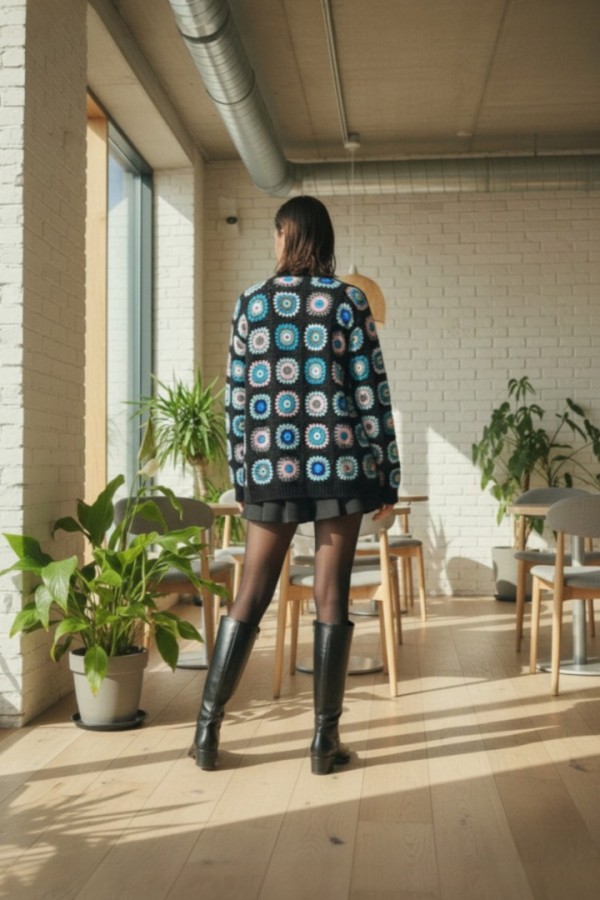 Handgemachter Granny Square Häkel-Cardigan – Retro 70er Buntes Patchwork Boho-Pullover von ERFUMADE