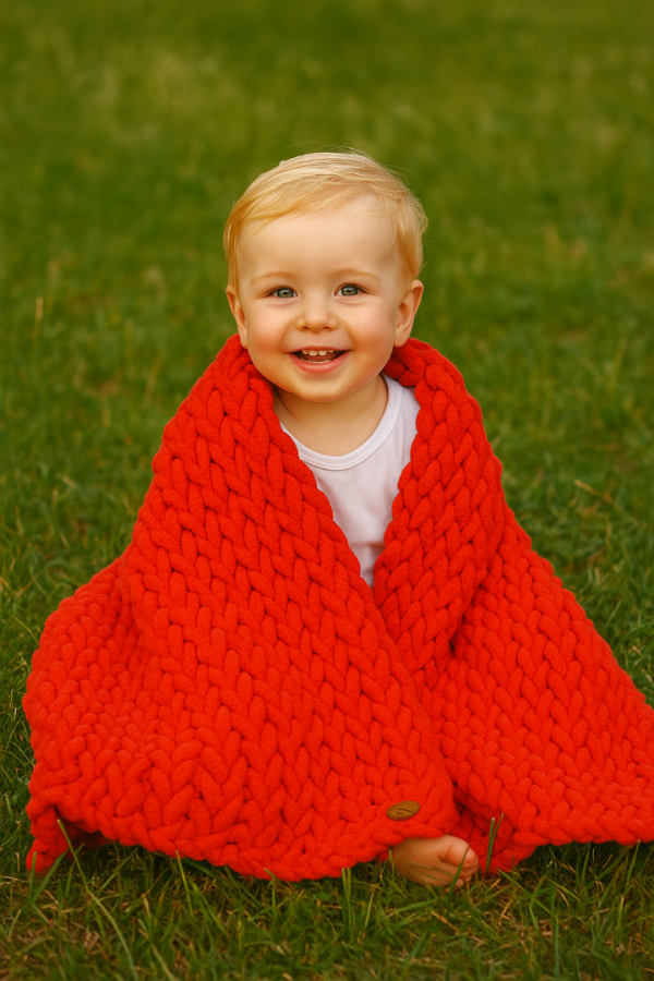 Chunky Yarn Finger Knit Baby Blanket in Red