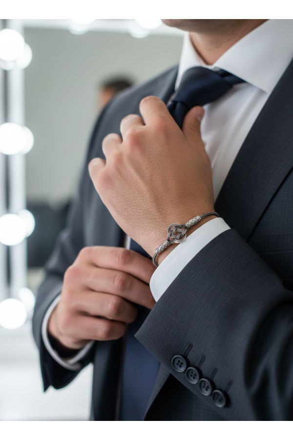 Bracelet nœud celtique en argent pur 1000 oxydé tissé à la main