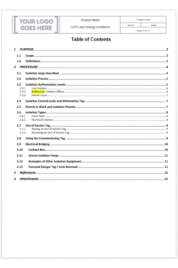Lockout/Tagout LOTO and Energy Isolation (SOP) Safety Procedure Template | Word File