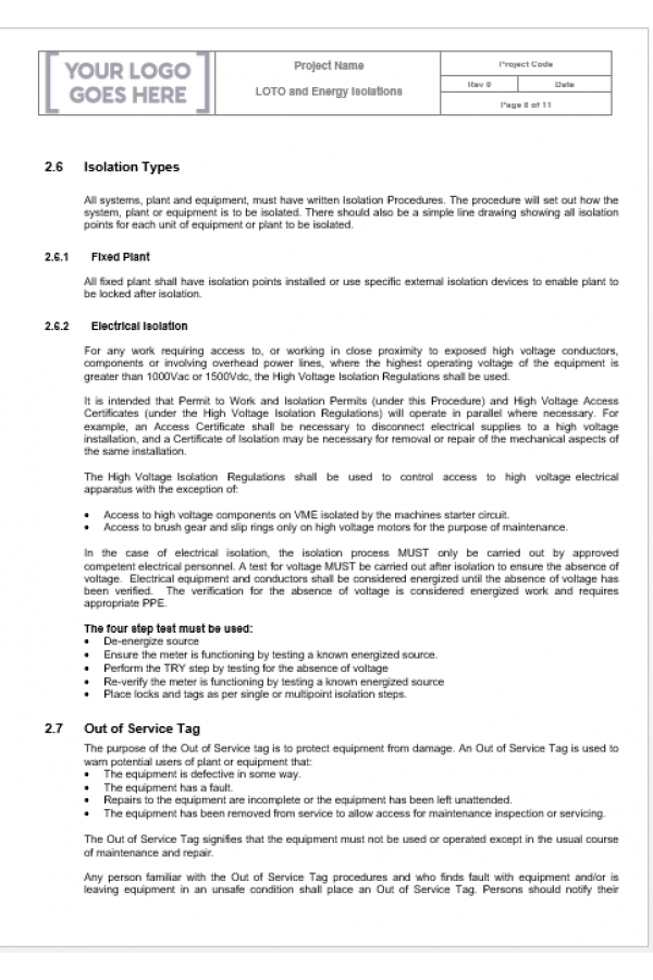 Lockout/Tagout (LOTO) & Energy Isolation Safety Procedure – Editable Template
