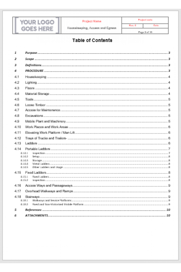 Housekeeping, Access & Egress Safety Procedure | Editable Word Template for Workplace Safety