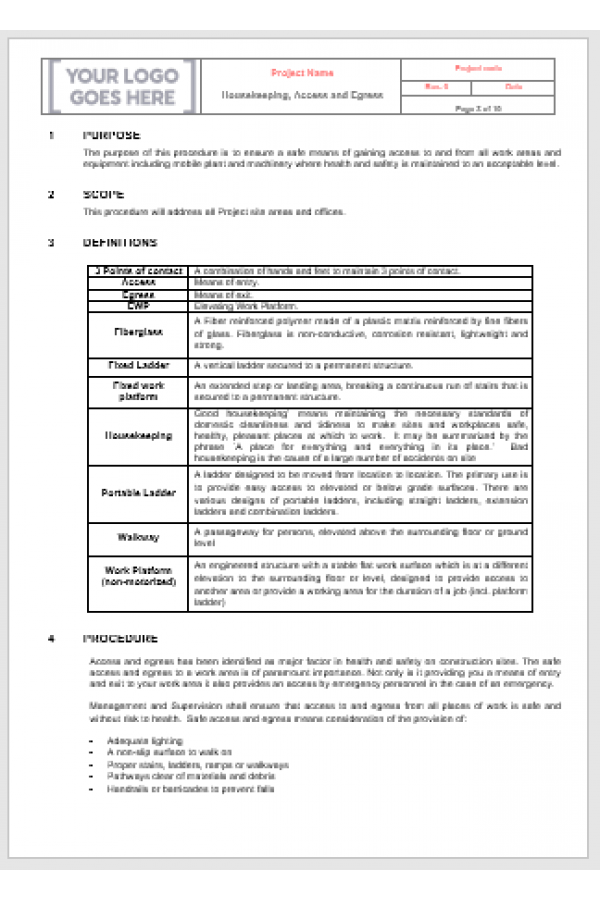 Housekeeping, Access, and Egress Safety Procedure template preview